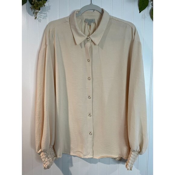 Chenault Womens XL Beige Long Sleeve Button-Up Blouse With Smocked Cuffs - Picture 1 of 12